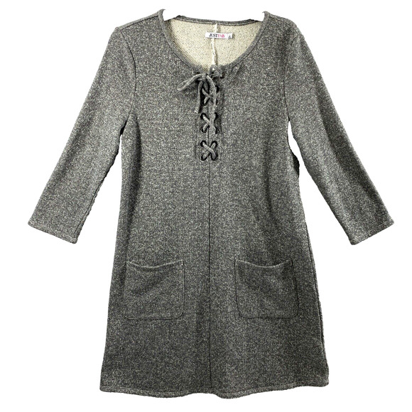 Justfab Dress Womens Large Gray Lace Up Long Sleeve Pockets Aline Jersey Knit - Picture 1 of 10